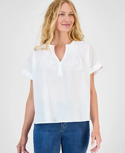 Style Co Women's Cotton Pintucked Camp Top, Exclusively at Macy's
