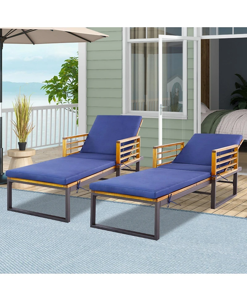 2PCS Patio Cushioned Chaise Lounge Chair Adjustable Reclining Lounger