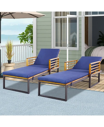 2PCS Patio Cushioned Chaise Lounge Chair Adjustable Reclining Lounger