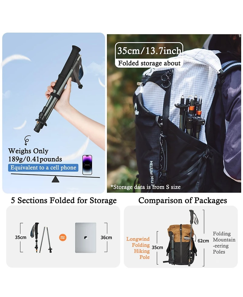 Naturehike 1pc Carbon Fiber Trekking Pole, Ultralight Foldable Hiking Poles, Adjustable 115-135cm, Eva Grip, Tungsten Tip