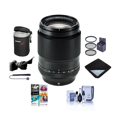 Fujifilm Xf 90mm f/2 R Lm Wr Lens, Bundle with 62mm Filter Kit, Flex Lens Shade, Lens Wrap, Lens Case, Cleaning Kit, Lens Cap Tether, Pc Software Kit