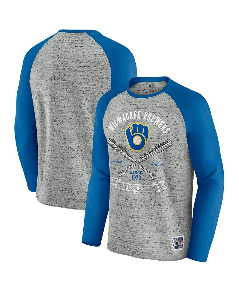 Fanatics Men's Heather Gray Milwaukee Brewers Raw Edge Raglan Long Sleeve Baseball T-Shirt