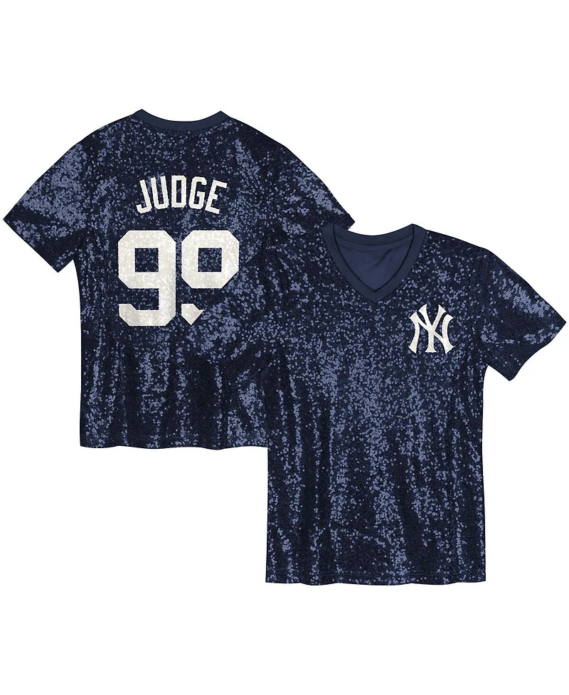 Outerstuff Juniors Aaron Judge Navy New York Yankees Name Number Sequin V-Neck Top