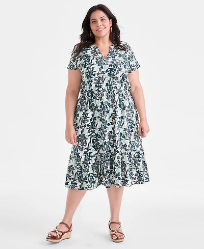Style & Co. Plus Textured Printed V-Neck Midi Dress, Exclusively at Macy's