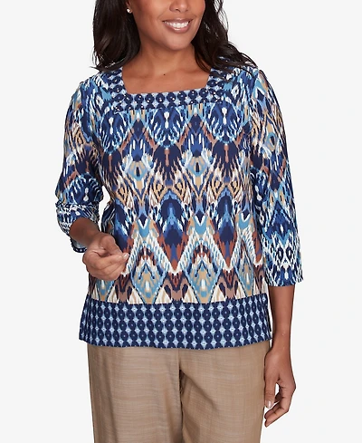 Alfred Dunner Petite Summer Solstice Ikat Diamond Border Square Neck Top