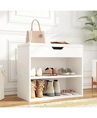 Shoe bench with shelves, natural wooden shoe rack with 3 storage compartments, Entryway Bench