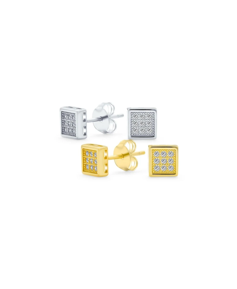 Bling Jewelry Set of 2 Geometric Square Cubic Zirconia Micro Pave CZStud Earrings Gold Sterling Silver