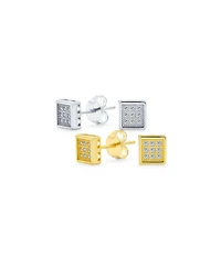 Bling Jewelry Set of 2 Geometric Square Cubic Zirconia Micro Pave CZStud Earrings Gold Sterling Silver