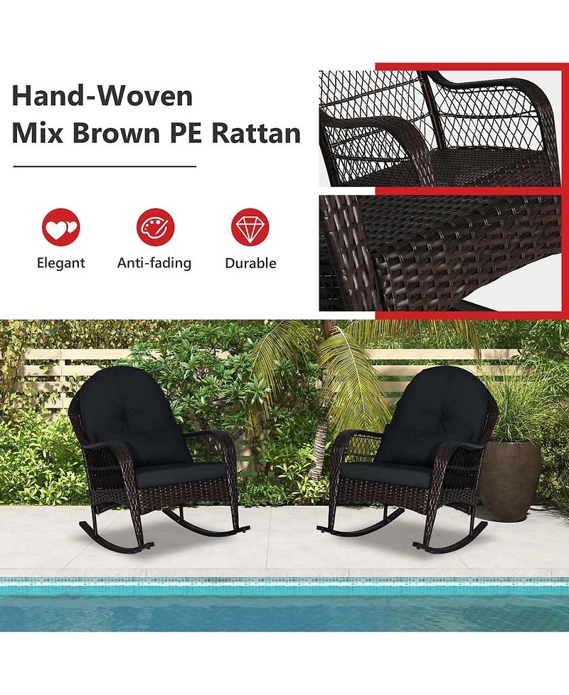 Patio Wicker Rocking Chair with Seat Back Cushions & Lumbar Pillow Porch