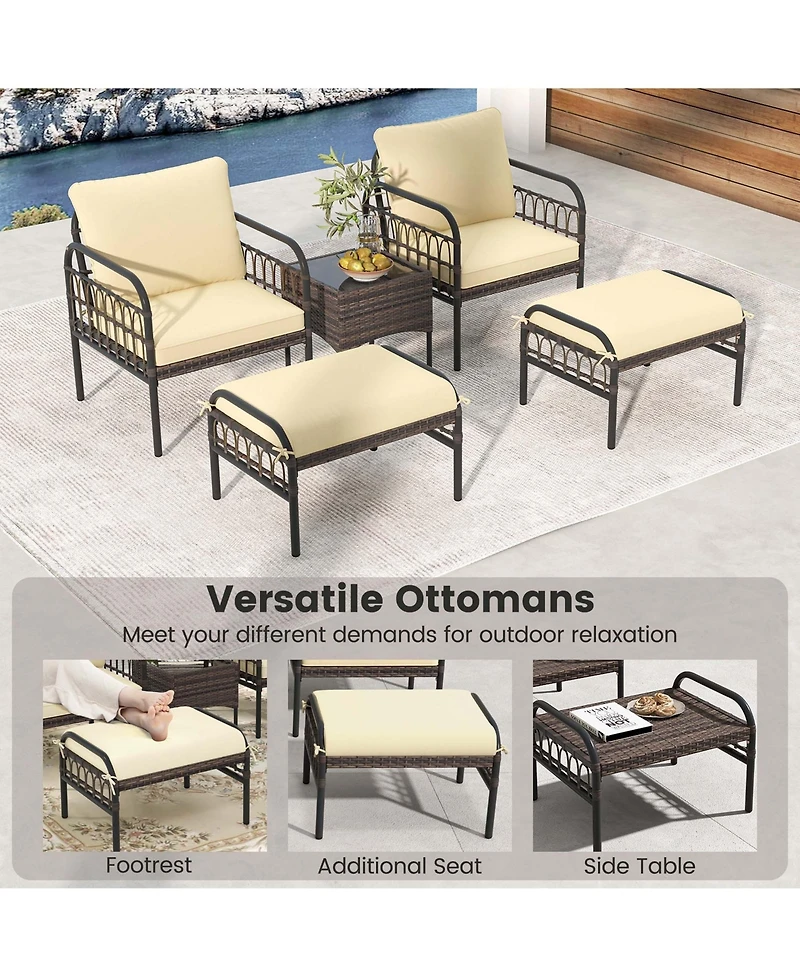 5 Pcs Patio Conversation Set Outdoor Wicker Chair Set with Ottomans & Coffee Table