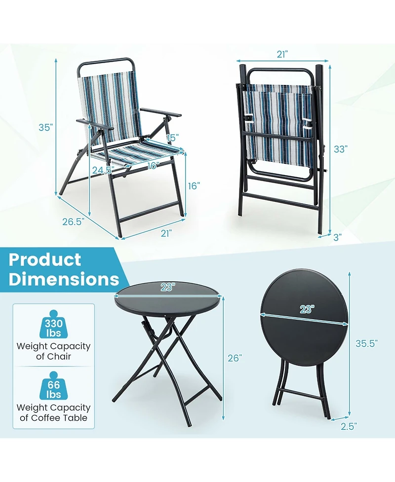 3pcs Patio Folding Dining Table Chair Set Heavy-Duty Metal Portable Outdoor