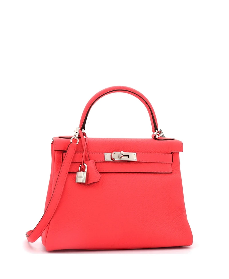 Pre-Owned Hermes Kelly 28 Handbag Red Clemence with Palladium Hardware