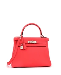Pre-Owned Hermes Kelly 28 Handbag Red Clemence with Palladium Hardware