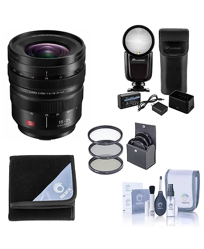 Panasonic Lumix S Pro 16-35mm f/4 Lens for L Mount, Bundle with Flashpoint Zoom Li-on X R2 Ttl Round Flash Speedlight, 77mm Filter Kit, Lens Wrap, Cle