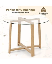 Round Glass Dining Table with Tempered Glass Tabletop and Rubber Wood Legs
