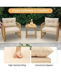 Gymax 3PCS Patio Acacia Wood Pe Wicker Furniture Set w/ Soft Seat & Back Cushions