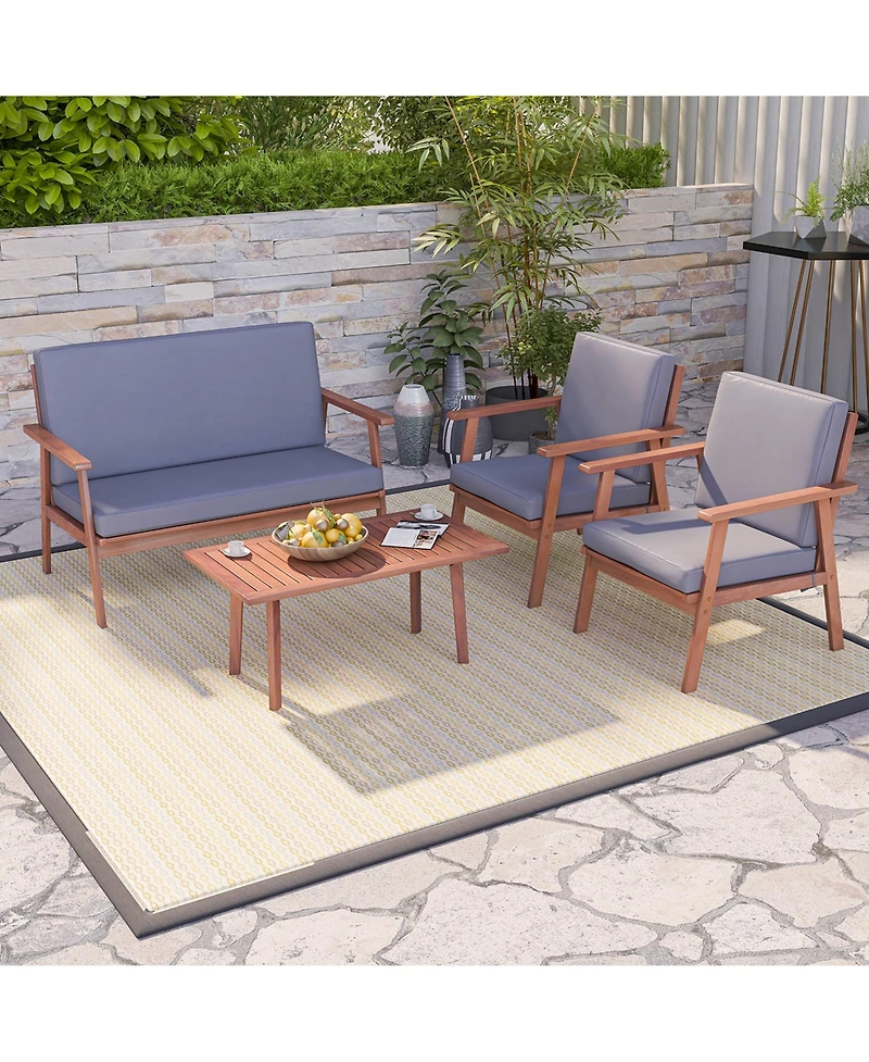 4 Pcs Patio Conversation Set Acacia Wood Sofa Coffee Table with Cushioned Seat
