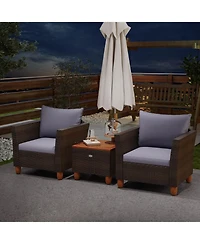 3 Pcs Outdoor Patio Rattan Bistro Furniture Set Wooden Table Top Cushioned Sofa