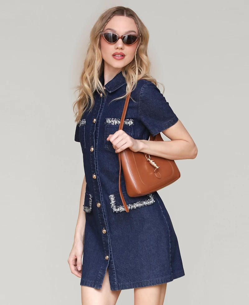 Avec Les Filles Women's Collared Button-Front Mini Denim Dress