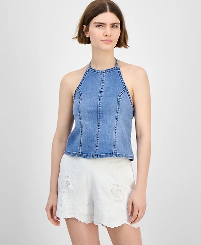 And Now This Petite Denim Halter-Neck Seamed Top, Exclusively at Macy's