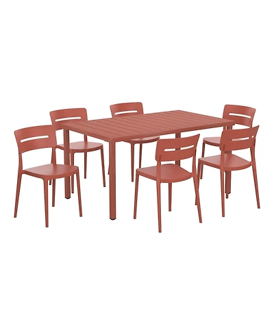 7-Piece Outdoor Rectangular Metal Patio Dining Table Set With Stackable Chairs