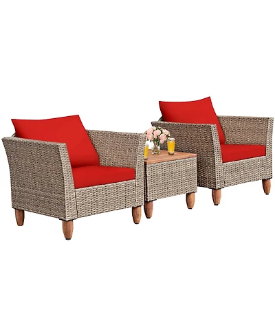 3PCS Patio Rattan Bistro Furniture Set Wood Table Top Cushion Sofa