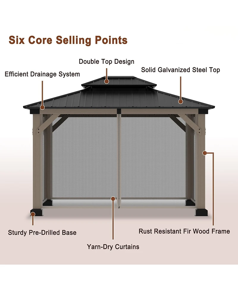 Mondawe 12 ft. x 10 ft. Outdoor Fir Solid Wood Frame Patio Gazebo Canopy Shelter with Galvanized Steel Hardtop Roof Pavilion