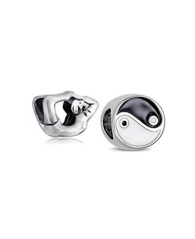 Bling Jewelry Set of 2 Black White Yin Yang Yogi Gymnastics Yoga Pose Charm Bead Enamel Silver