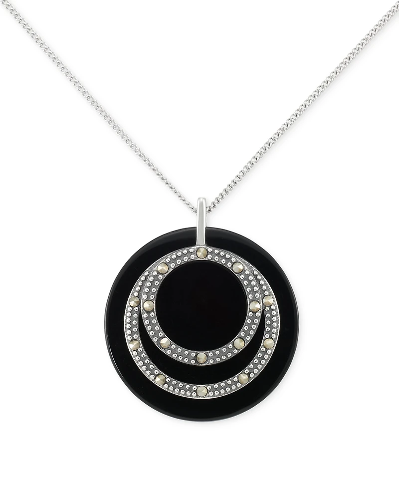 Onyx & Marcasite Circle Disc 18" Pendant Necklace in Sterling Silver