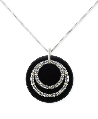 Onyx & Marcasite Circle Disc 18" Pendant Necklace in Sterling Silver