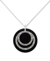 Onyx & Marcasite Circle Disc 18" Pendant Necklace in Sterling Silver