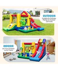Costway Kids Colorful Rainbow Inflatable Bounce Castle with 50 Ocean Balls & 735W Blower