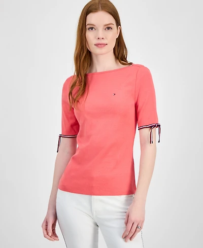 Tommy Hilfiger Women's Cotton Boat-Neck Tie-Sleeve T-Shirt