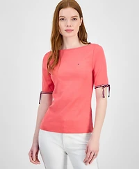 Tommy Hilfiger Women's Cotton Boat-Neck Tie-Sleeve T-Shirt