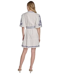 Eliza J Petite Embroidered Belted Button-front Cotton Mini Dress