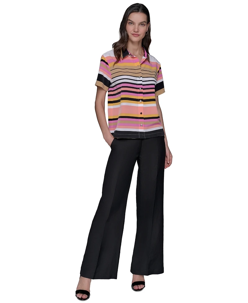 Karl Lagerfeld Paris Women's Conversational Striped Camp Shirt