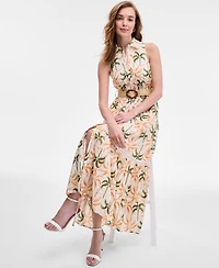 Taylor Women's Printed Taffeta-Belt Sleeveless Dress