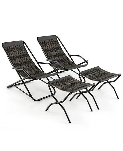 2 Pcs Patio Folding Rattan Sling Lounge Chair Ottoman Rocking Footrests Armrest