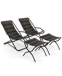 2 Pcs Patio Folding Rattan Sling Lounge Chair Ottoman Rocking Footrests Armrest