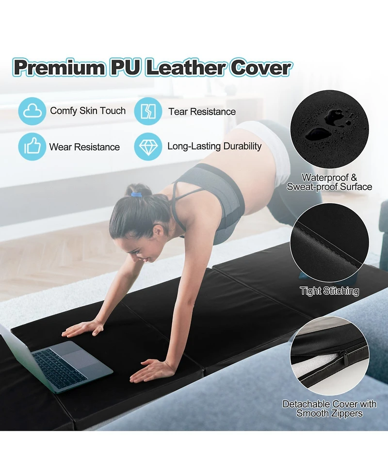 Folding Gymnastics Mat with Carry Handles and Sweatproof Detachable Pu Leather Cover-Black