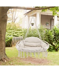 Hand-Woven Rope Hanging Chair with Thick Cushion and Folding Metal Frame