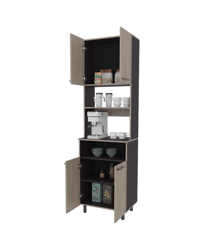 Bullhead City Kitchen Pantry with Open Storage and 4 Doors, White Oak and Wengue