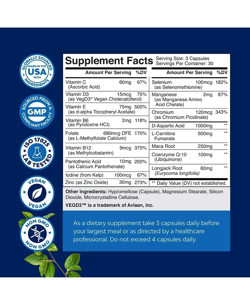 Male Fertility Support for Men with CoQ10, Maca Root, Methyl Folate & D-Aspartic Acid for Enhanced Drive & Count Motility, Nature's Craft | 90ct