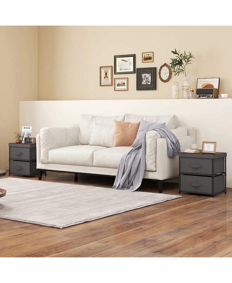 2-Drawer Nightstand with Fabric Bins and Pull Handles – Set of 2 Bedroom Storage Solutions