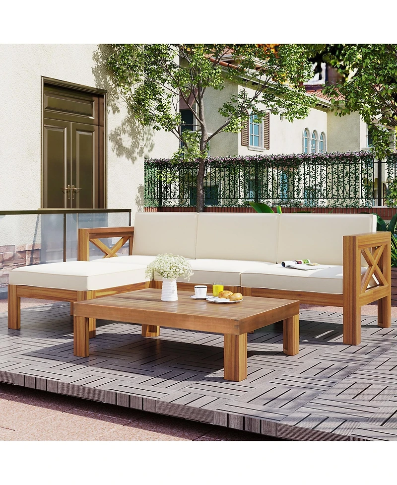 Mondawe Outdoor Wood 5-Piece Sectional Sofa Seating Group Set with Cushions