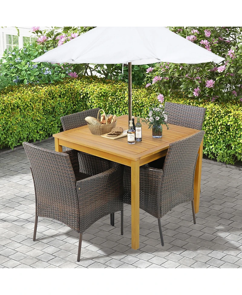 Gymax 5 Pcs Patio Dining Set Acacia Wood Table w/ 1.9'' Umbrella Hole Cushioned Chairs