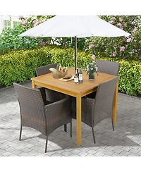 Gymax 5 Pcs Patio Dining Set Acacia Wood Table w/ 1.9'' Umbrella Hole Cushioned Chairs