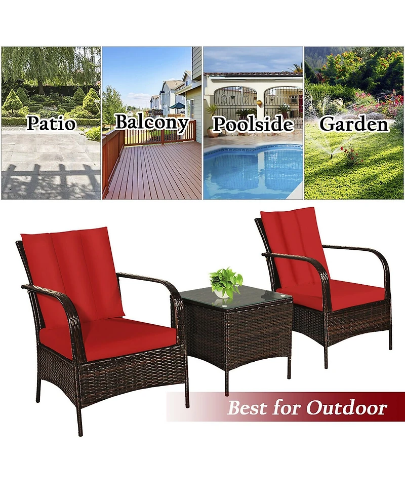 3 Pcs Patio Rattan Furniture Set Coffee Table & 2 Rattan Chair