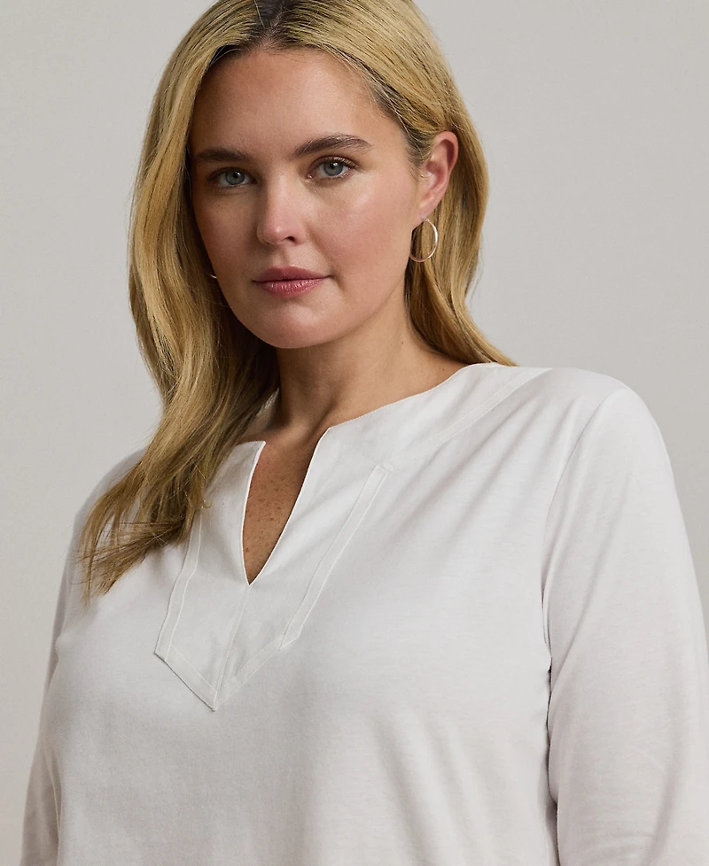 Lauren Ralph Women's Plus Split-Neck Three-Quarter Sleeve Cotton Tunic