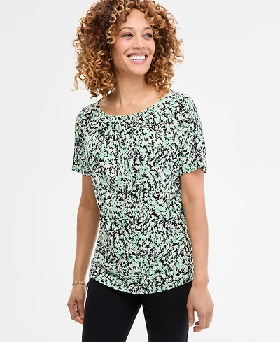 Jm Collection Women's Printed Pleat Neck Short-Sleeve Top, Exclusively at Macy's